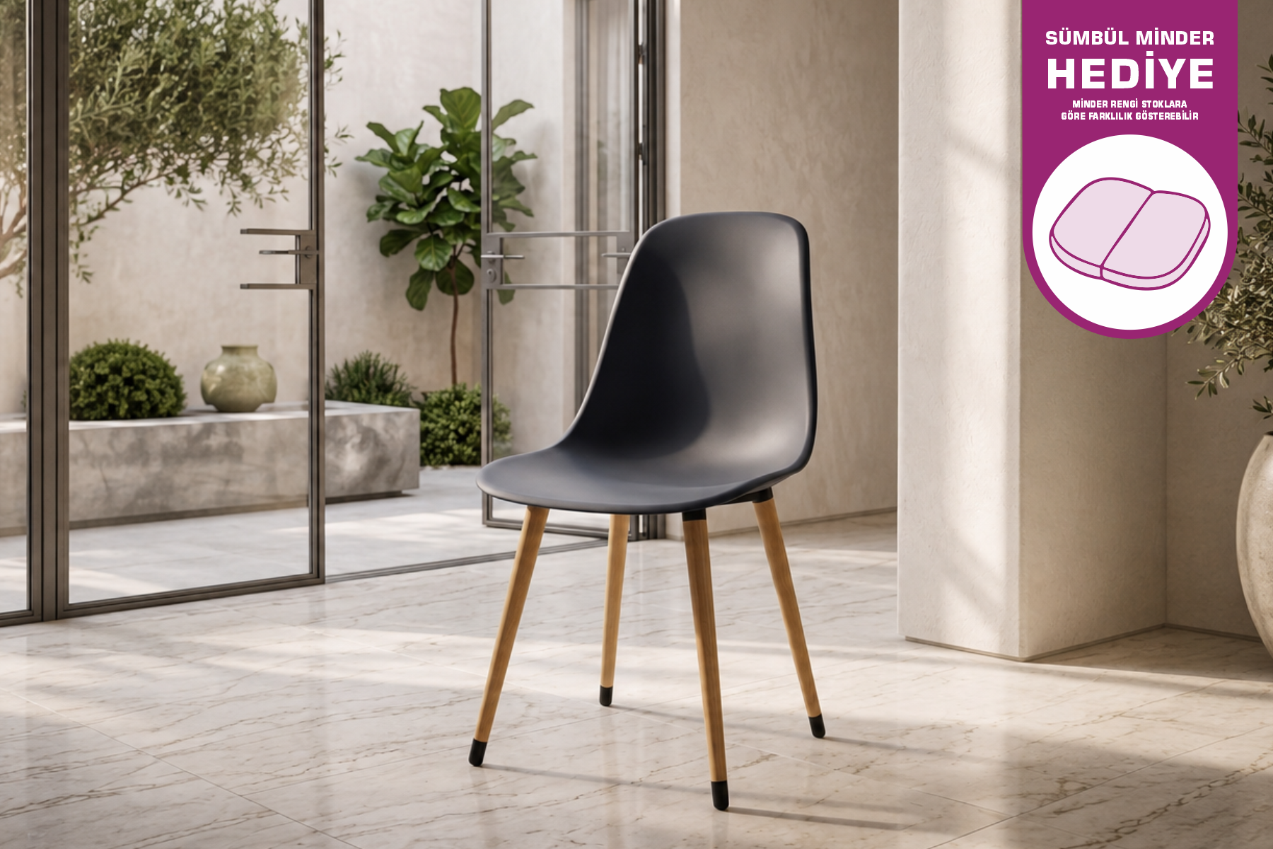 Vilinze Eames Ahşap Ayak Plastik Antrasit Sandalye Naturel